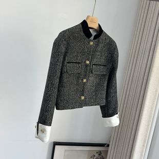 宽松短款 家小香风马术撞色长袖 毛呢外套女上衣 GUC 进口羊毛明星款