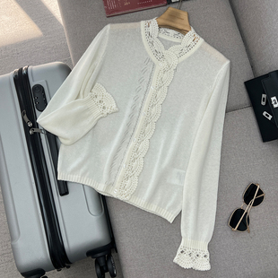开衫 百搭针织衫 女 温柔风木耳边镂空长袖 羊绒羊毛天丝手工钩花法式