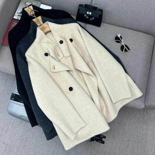 简约法式复古双排扣立领毛呢外套