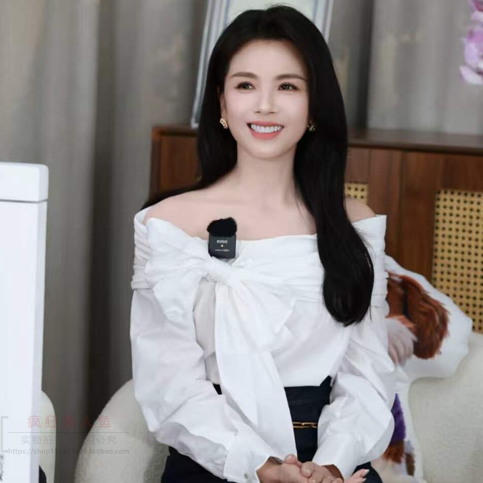 刘涛明星同款设计感一字肩蝴蝶结白色衬衫长袖上衣2026春夏新款女