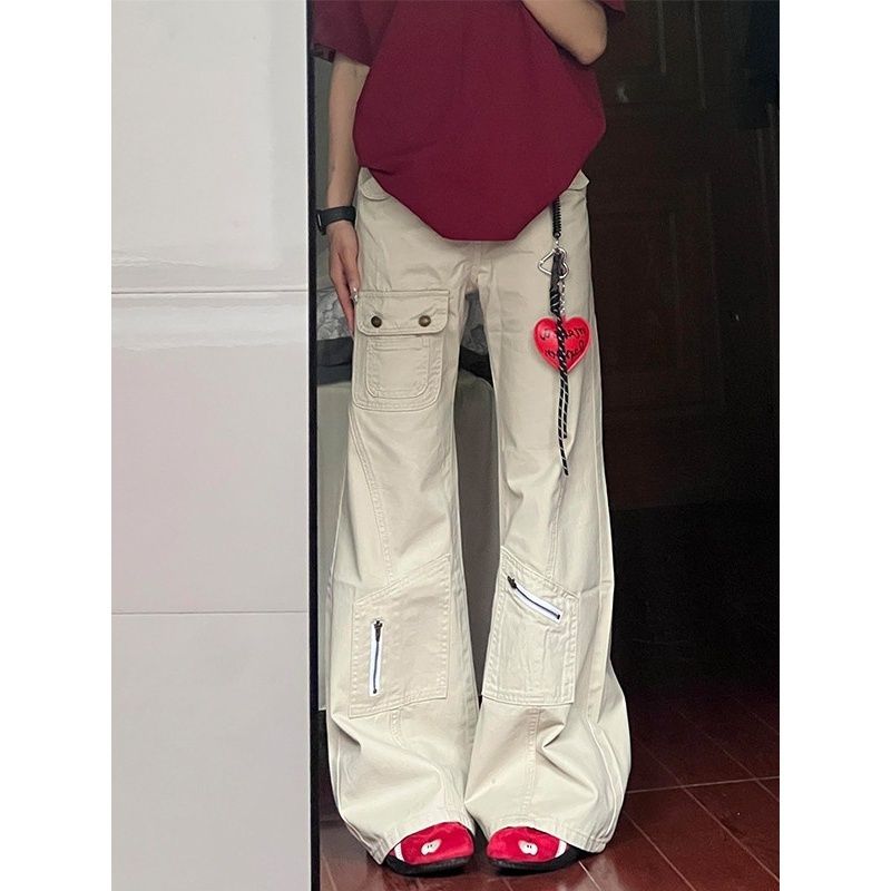 沙白色高腰工装喇叭裤女美式复古多拉链贴袋宽松垂坠休闲拖地长裤