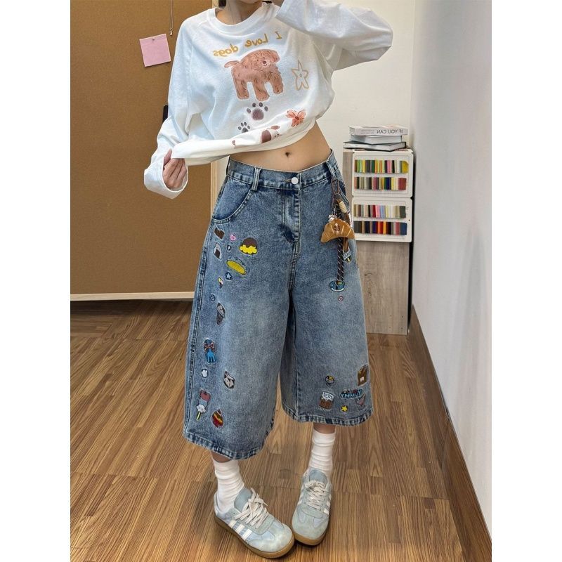 韩系浅蓝甜品贴布七分阔腿牛仔裤女2026夏季高腰宽松遮胯阔腿裤潮