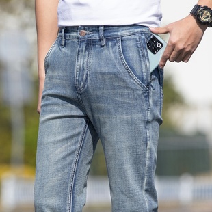 高弹力牛仔裤男士直筒宽松青年高端复古蓝斜口袋防盗休闲大码长裤