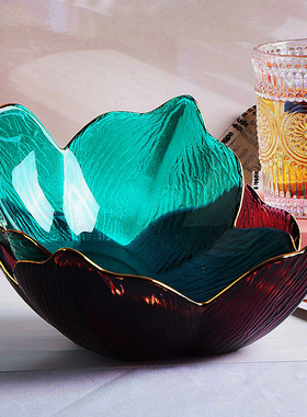 北欧风格百合描金玻璃碗干果盘田园风糖果盘透明水果盘绿色沙拉碗