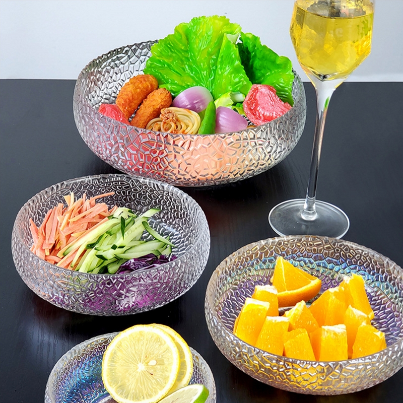 日式锤纹金边玻璃碗沙拉碗碟套装家用水果盘创意北欧风餐具甜品碗 餐饮具 碗 原图主图