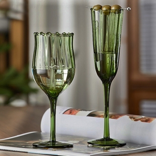 法式 复古小众绿色高脚杯中古原色玻璃红酒杯香槟杯花边葡萄酒杯子