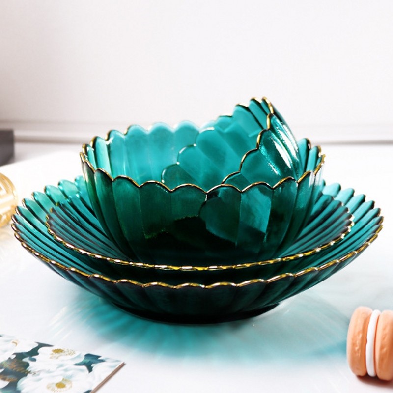 北欧风透明花边玻璃碗花瓣碗金边彩色水果甜品沙拉碗盘碟餐具套装