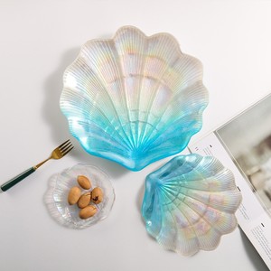 现货ins北欧人鱼幻彩琉璃海洋贝壳玻璃盘子碟子小物饰品收纳装饰