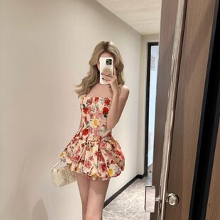 8uioio 花神芙罗拉 法式鱼骨抹胸上衣套装女夏季辣妹半身裙两件套