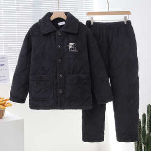 爸棉袄 加绒保暖可外穿家居服大码 珊瑚绒男装 加厚三层夹棉睡衣冬季