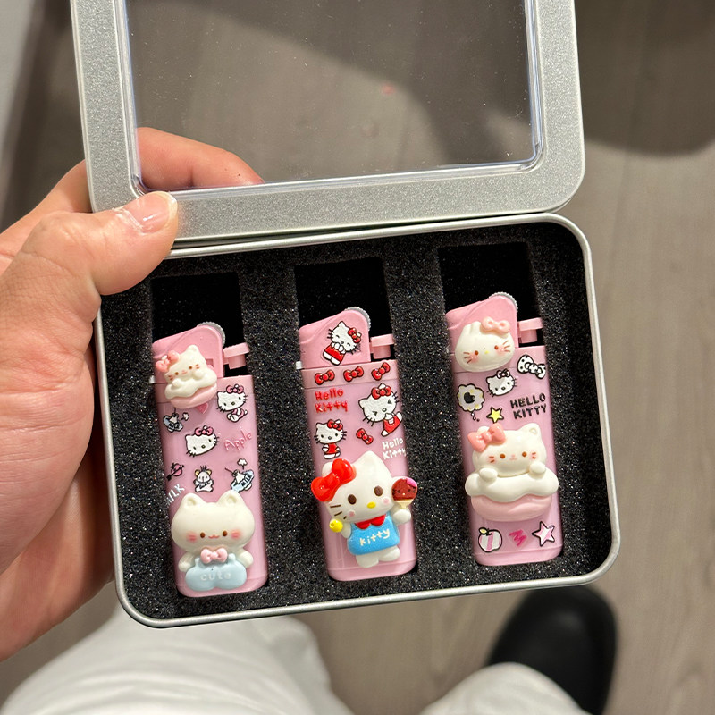 爆款可爱HelloKitty打火机短款砂轮手作原创明火一次性打火机送友
