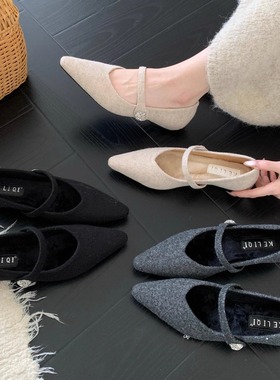 法式低跟坡跟尖头单鞋女鞋子2025秋冬季加绒百搭晚晚玛丽珍毛毛鞋