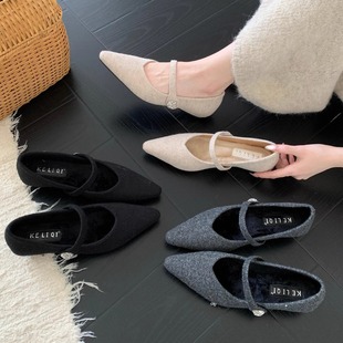 法式低跟坡跟尖头单鞋女鞋子2025秋冬季加绒百搭晚晚玛丽珍毛毛鞋