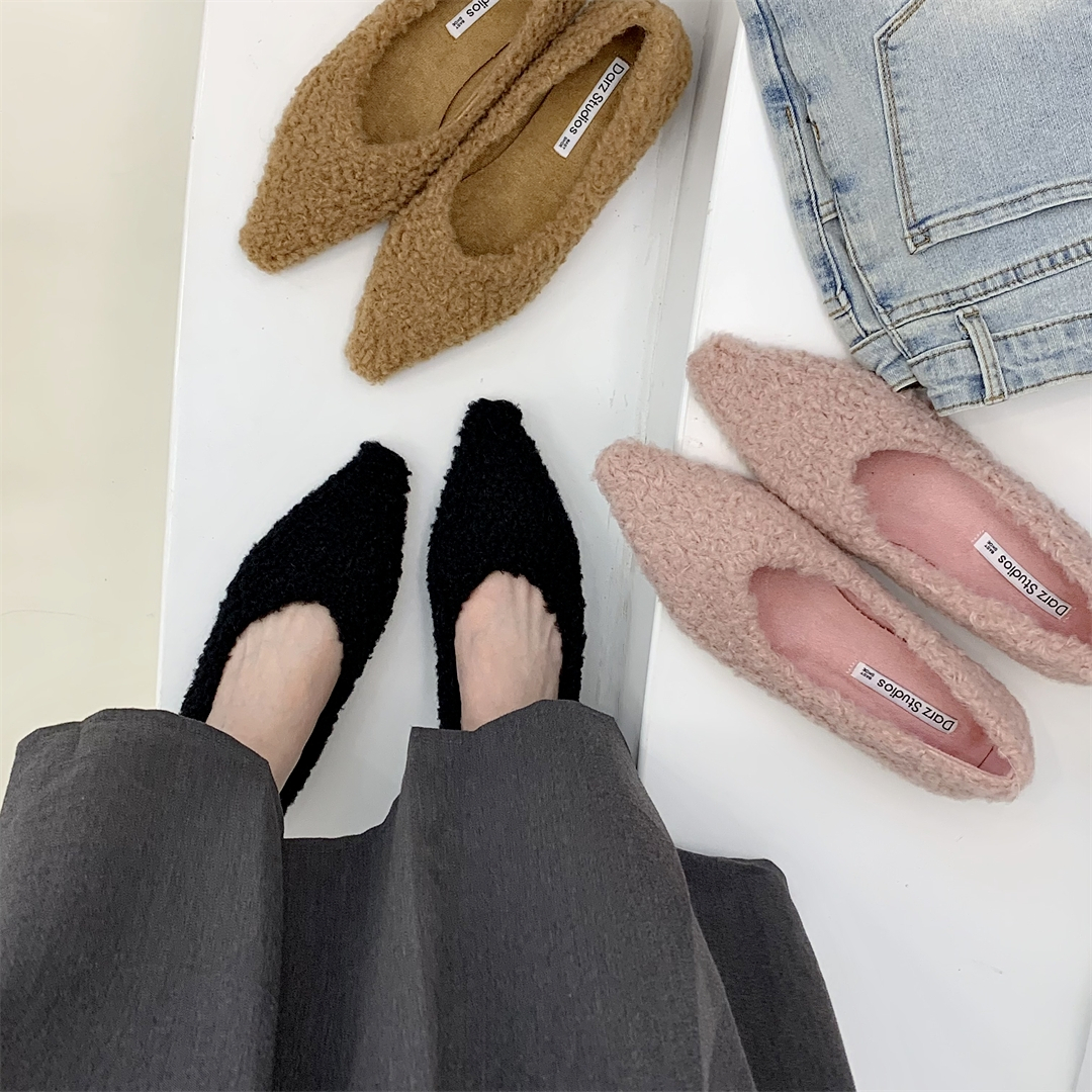 尖头浅口毛毛鞋女平底单鞋女浅口