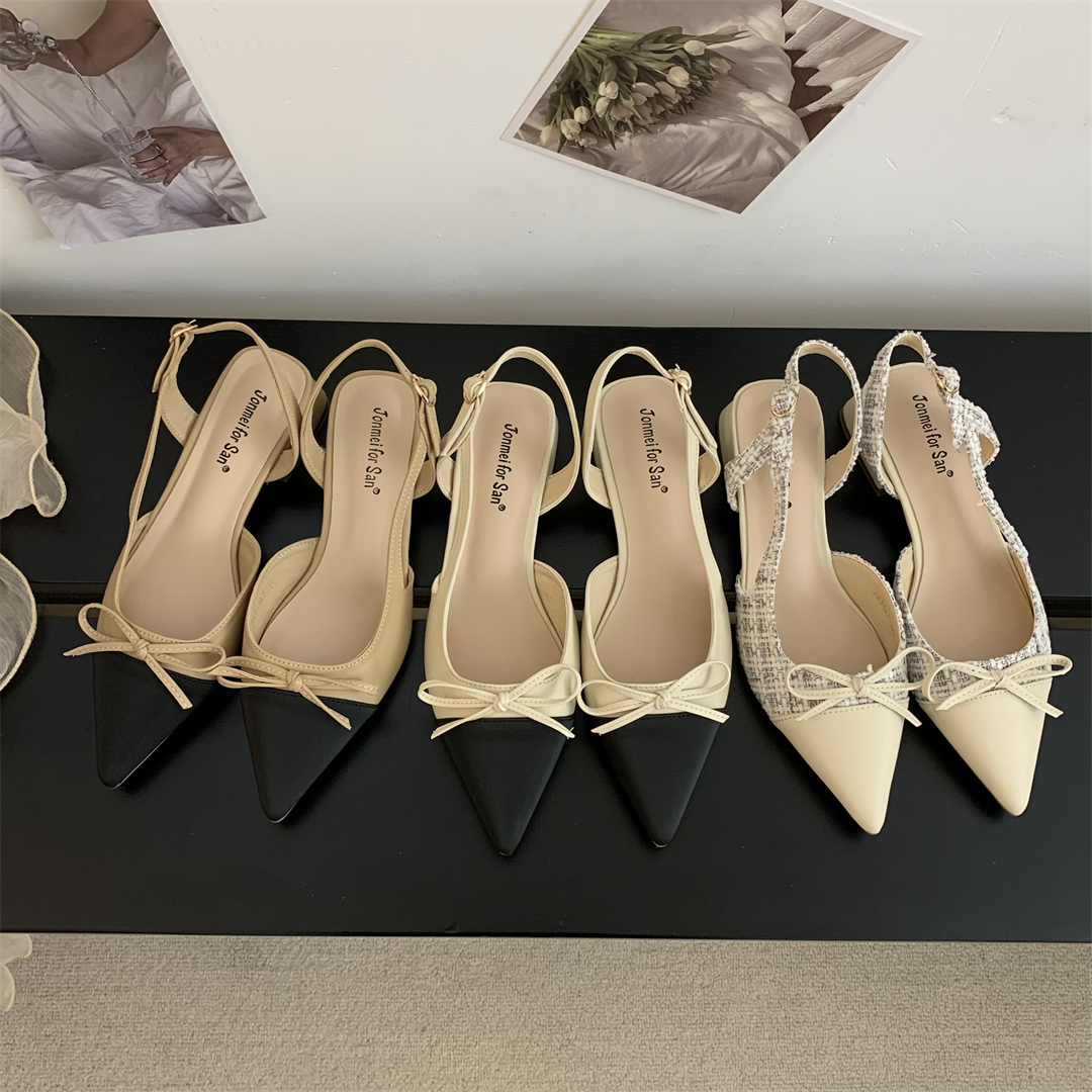 上脚敲美~小香风粗跟拼色蝴蝶结