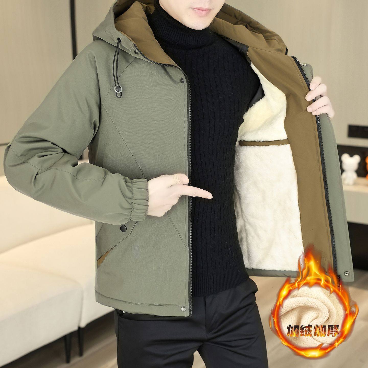加绒加厚外套男2025新款冬季连帽夹克休闲加绒冲锋衣潮流加厚棉衣,男装,棉衣,淘宝优惠券,粉丝福利购,淘宝优惠卷