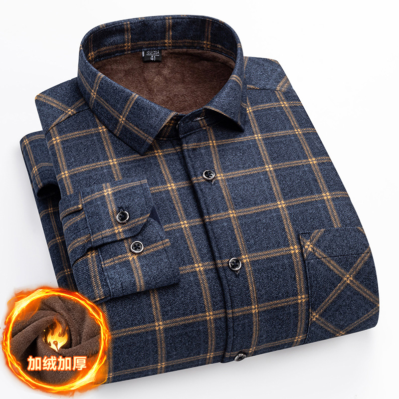秋冬季加绒加厚保暖衬衫长袖双面绒格子中老年爸爸装男式老人衬衣