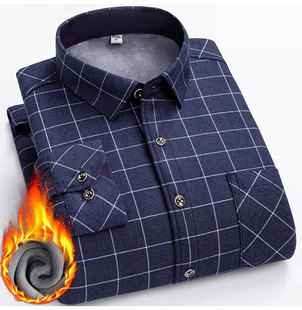 男装 大码 加厚双面绒布中老年休闲格子衬衣秋冬季 男士 加绒保暖衬衫