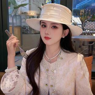 法式名媛复古珍珠平顶草帽女夏季出游度假海边防晒遮阳帽百搭礼帽