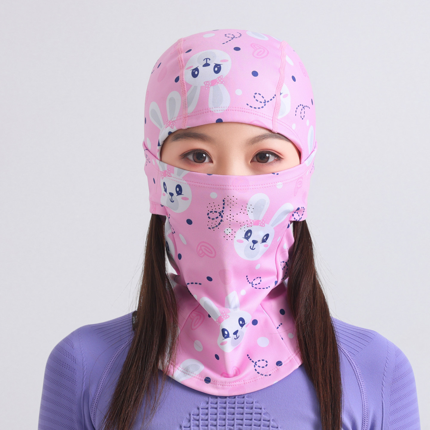 荒羚儿童粉色卡通兔子蒙面帽冬季保暖户外骑行面罩头套滑雪护脸罩