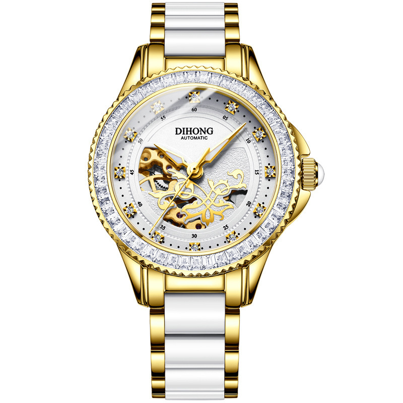 watches luxury瑞士镂空时尚陶瓷夜光女表新款防水女士机械表