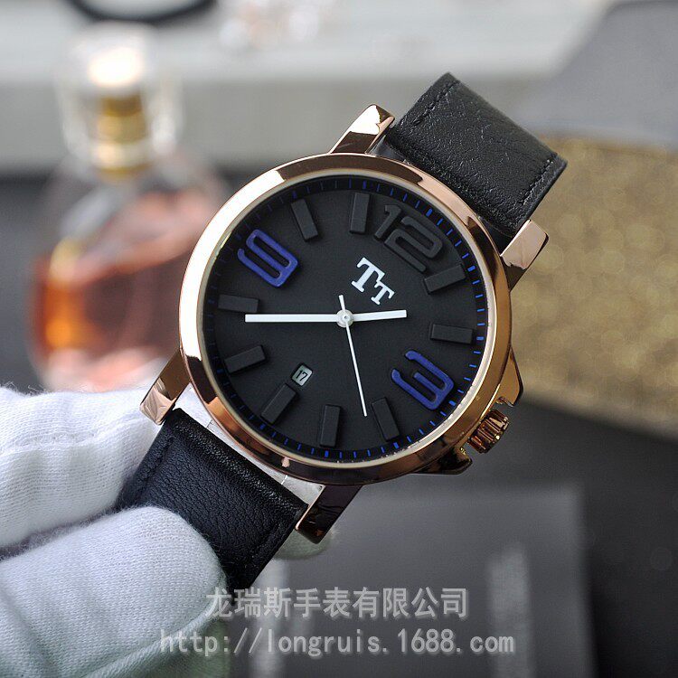 潮流女表大表盘中性手表个性带时尚玫瑰金皮表带新款tt牌日历