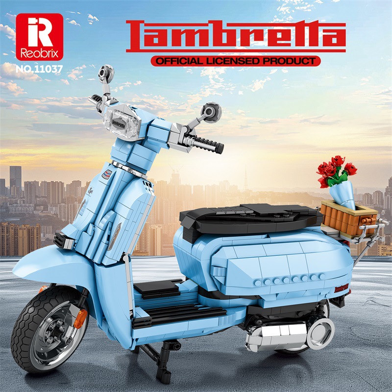 新品臻砖11036-37lambretta V200摩托车积木拼装桌面摆件益智