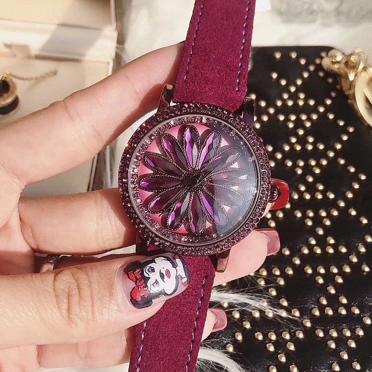 玛莎莉新款女款潮流个性时尚紫色会转动镶钻女表女士皮带手表