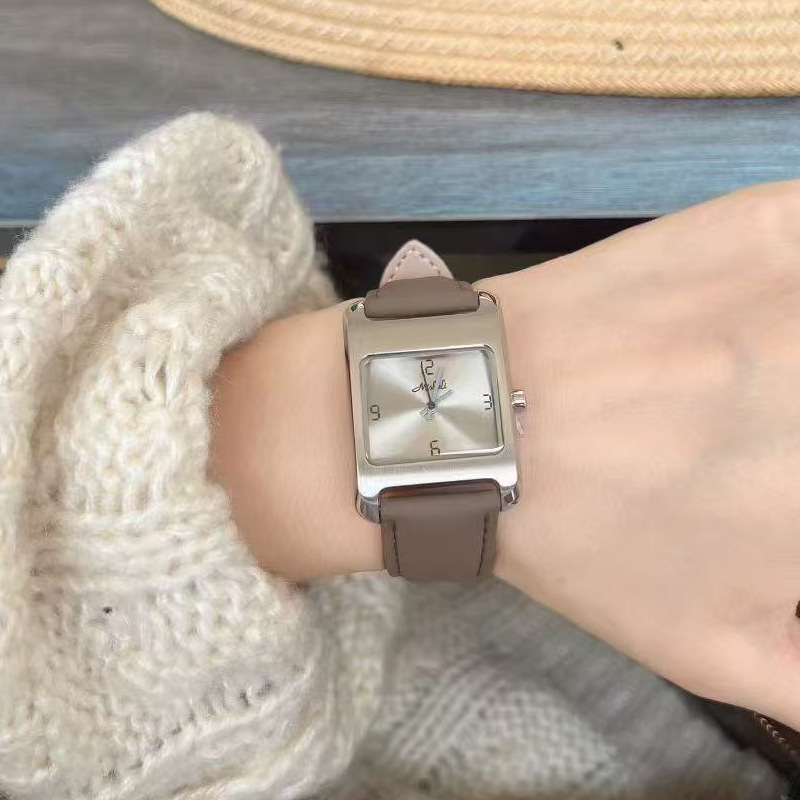 表皮带手表Mishali方形感方形素色简约时尚女米莉莎钢壳简约