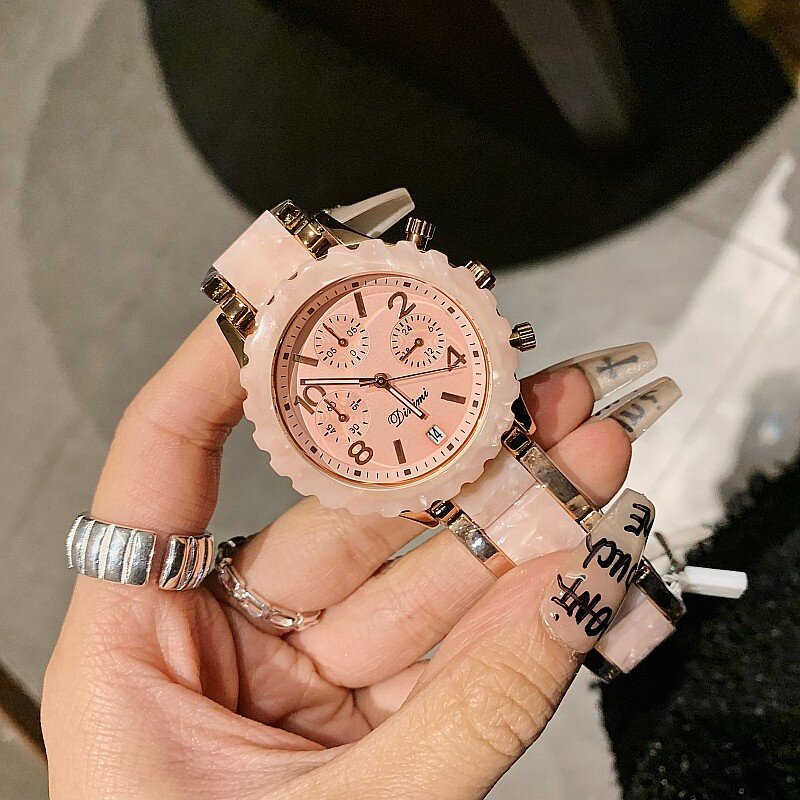 蒂米妮中性款个性潮流时尚眼镜胶表带日历大表盘女士手表多功能