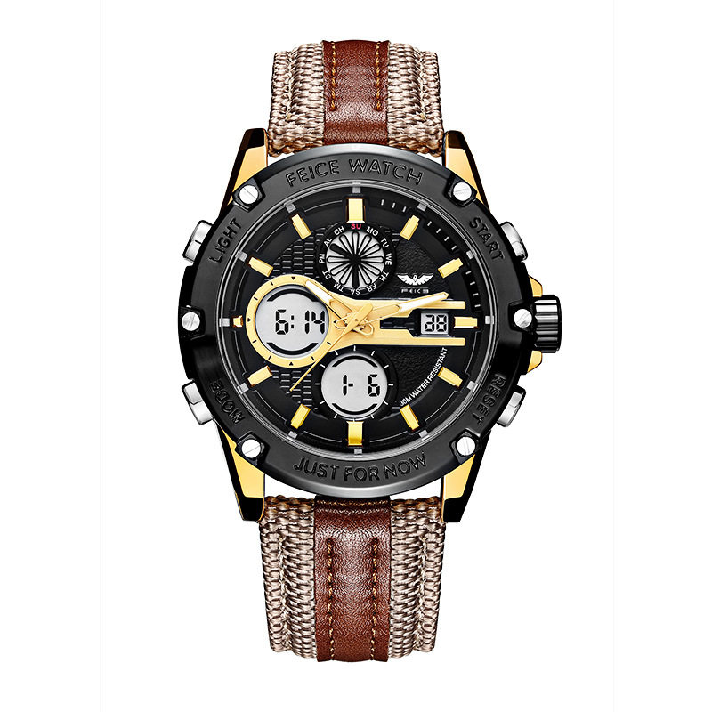时尚户外运动表新款潮流个性拼接纹表带双显机芯fk035feice夜光