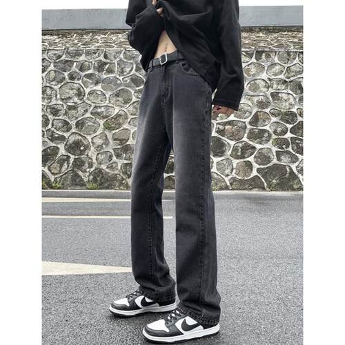 美式黑灰色渐变微喇牛仔裤男生高街vibe风显瘦直筒春秋新款裤子男