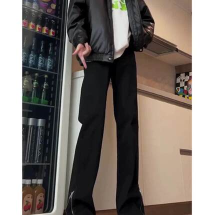 美式高街vibe黑色微喇拉链牛仔裤男生修身直筒裤秋冬款加绒裤子男