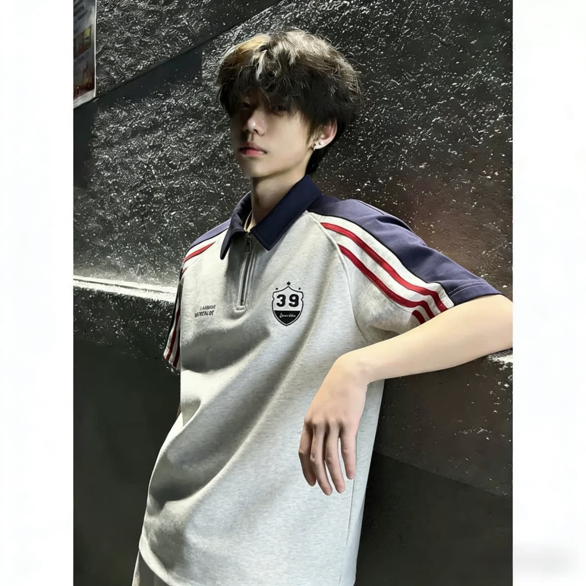 V37美式学院风撞色拼接Polo衫男夏季宽松条纹短袖潮牌痞帅休闲T恤图片