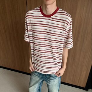 Oalin美式复古撞色条纹小众设计感短袖T恤慵懒风百搭休闲体恤男女