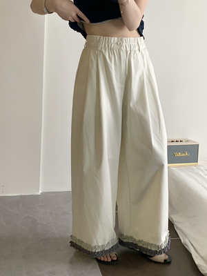 上新！【OMELET】韩系甜美百搭少女感拼色花边阔腿裤休闲裤  2526