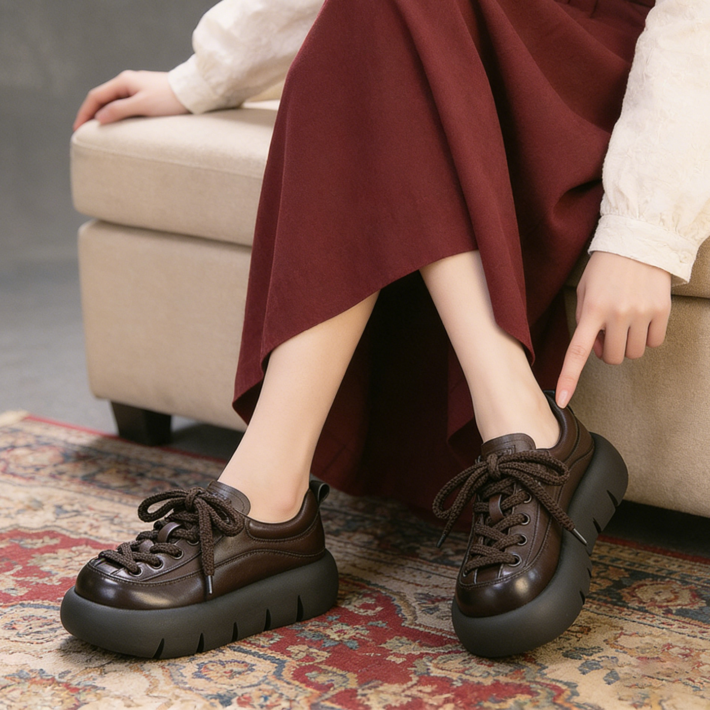 复古真皮厚底单鞋女2026春秋新款松糕跟增高不累脚休闲手工女鞋子,女鞋,时尚休闲鞋,淘宝优惠券,粉丝福利购,淘宝优惠卷