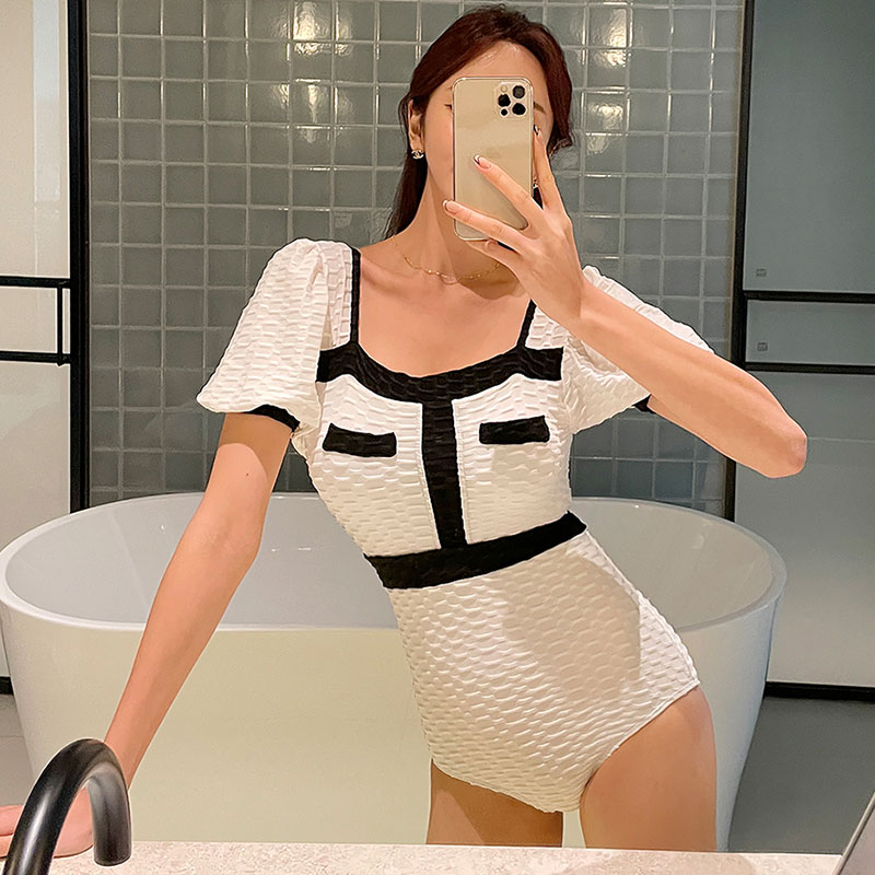 小香风短袖连体三角短袖泳衣女高腰显瘦百搭撞色时尚修身显瘦泳装