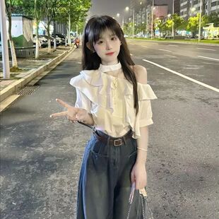 高级感减龄荷叶边露肩挂脖衬衫女夏季2025新款法式气质宽松上衣潮