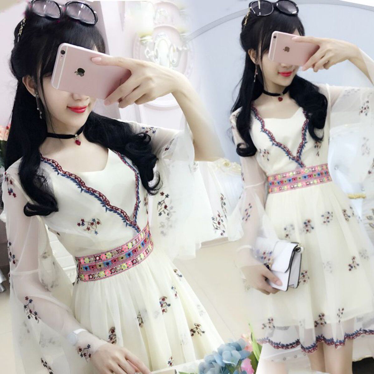 重工绣花网纱雪纺民族风连衣裙