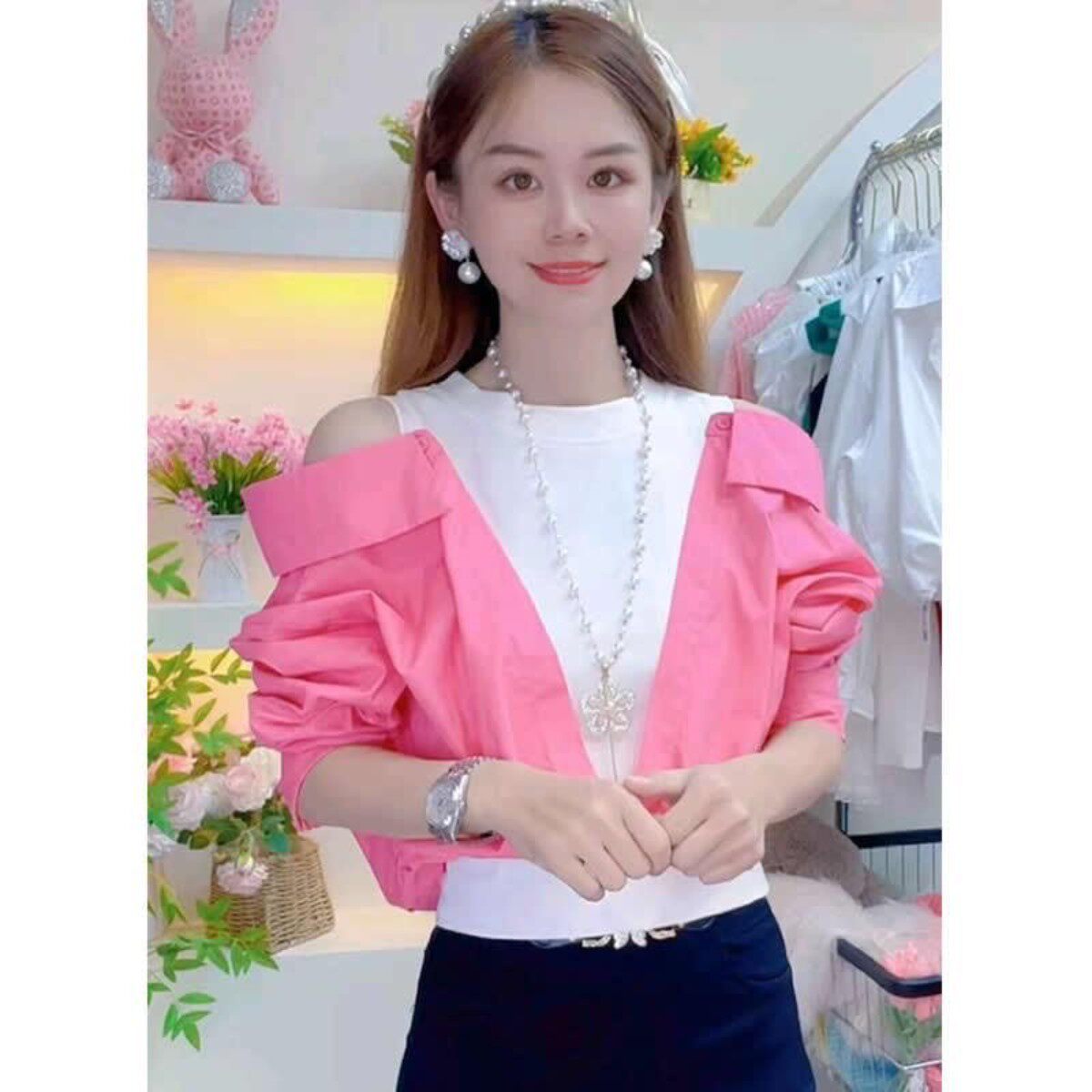 2026春设计感露肩假两件衬衫女