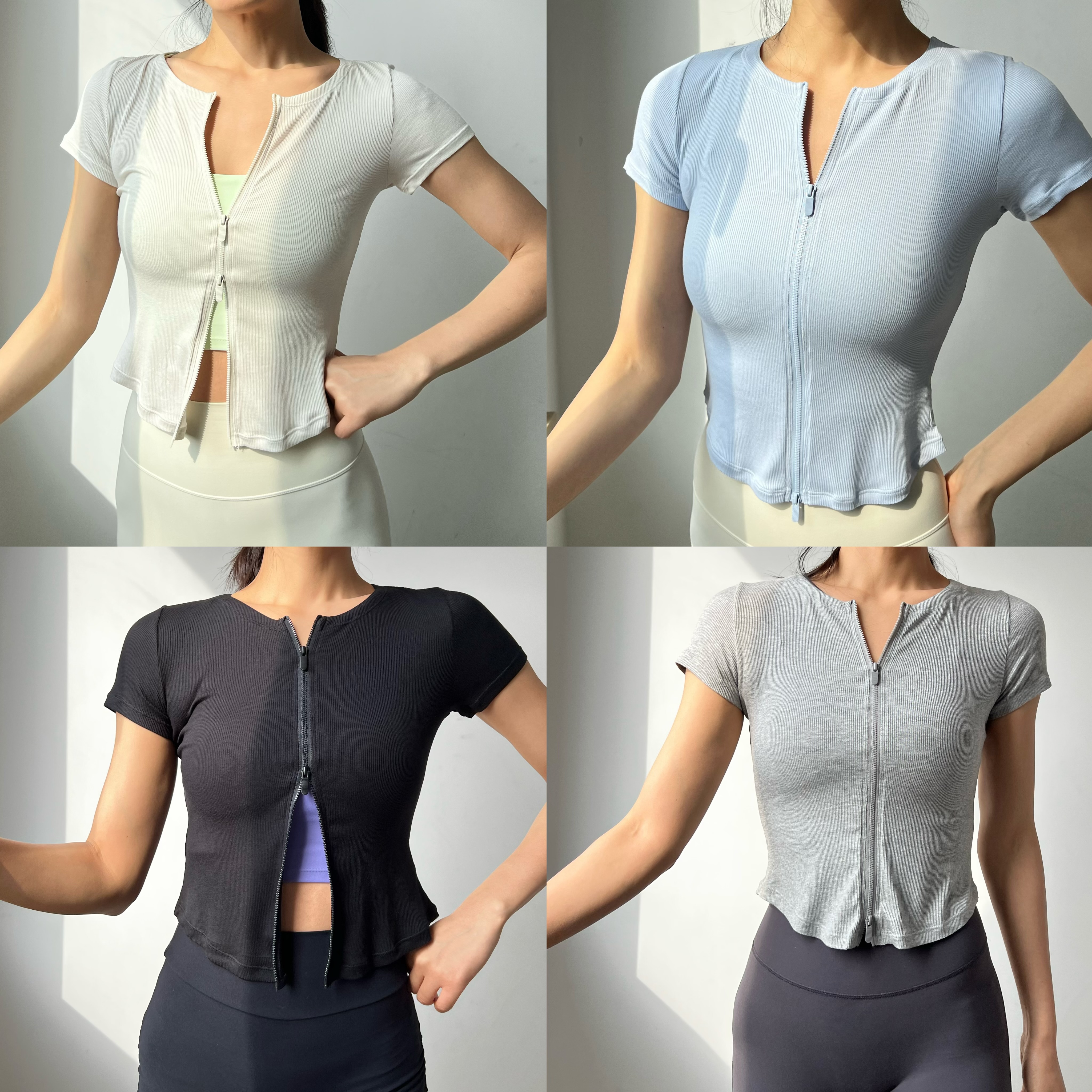 清仓特价no退no换细螺纹拉链跑步运动瑜伽运动修身短袖T恤