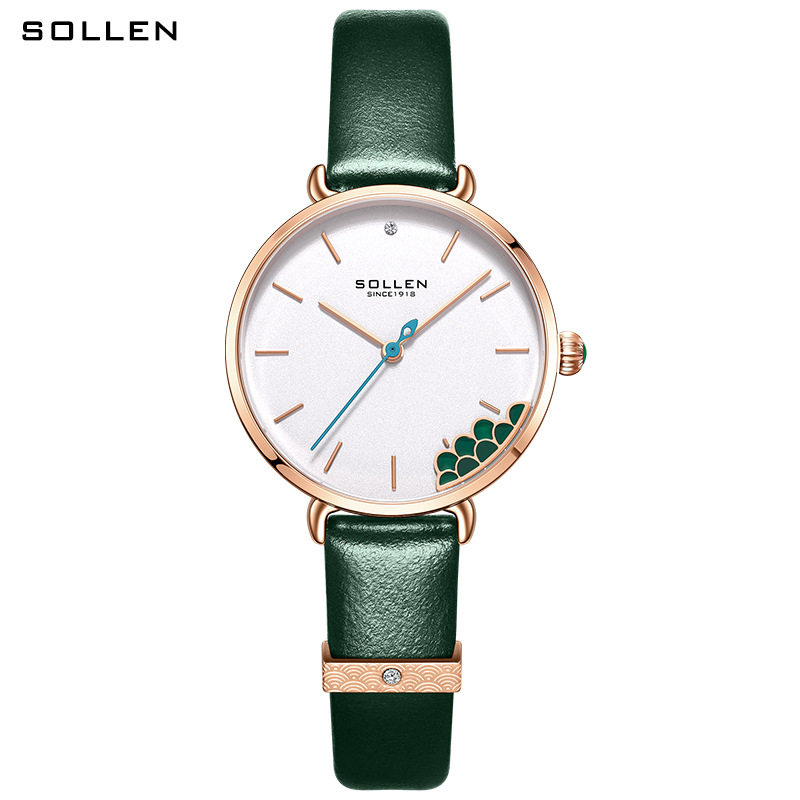 石英机芯ins复古风圆盘气质皮带孔雀小绿表手表士sollen梭伦女