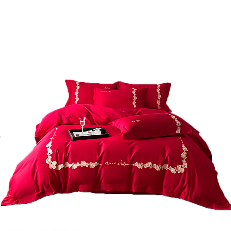 全棉纯棉刺绣婚庆床上四件套结婚被套床单高档大红色新婚床品,床上用品,床品套件/四件套/多件套,淘宝优惠券,粉丝福利购,淘宝优惠卷