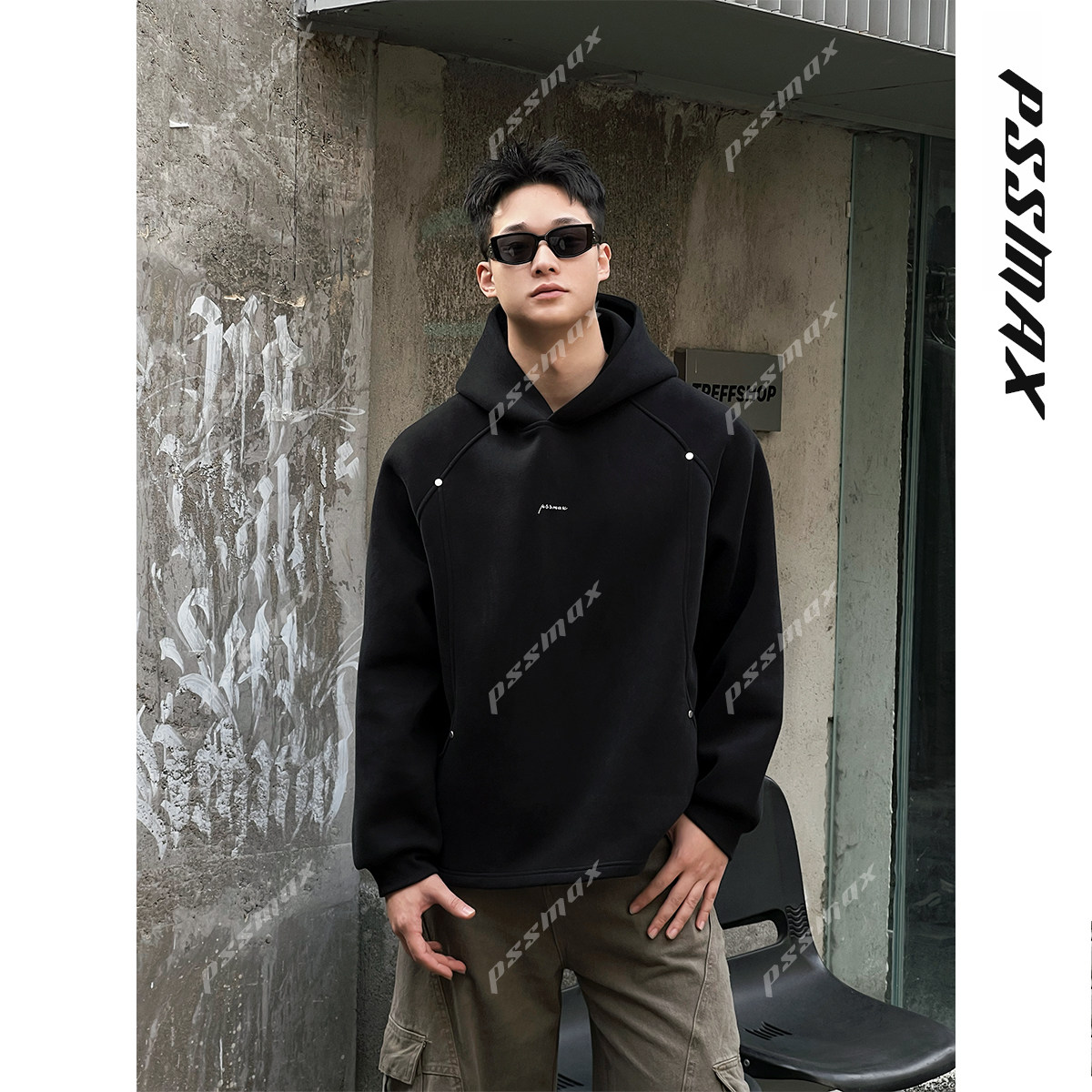 【现货】胖俗俗PSSMAX【重磅廓形结构铆钉】秋冬新款保暖连帽卫衣