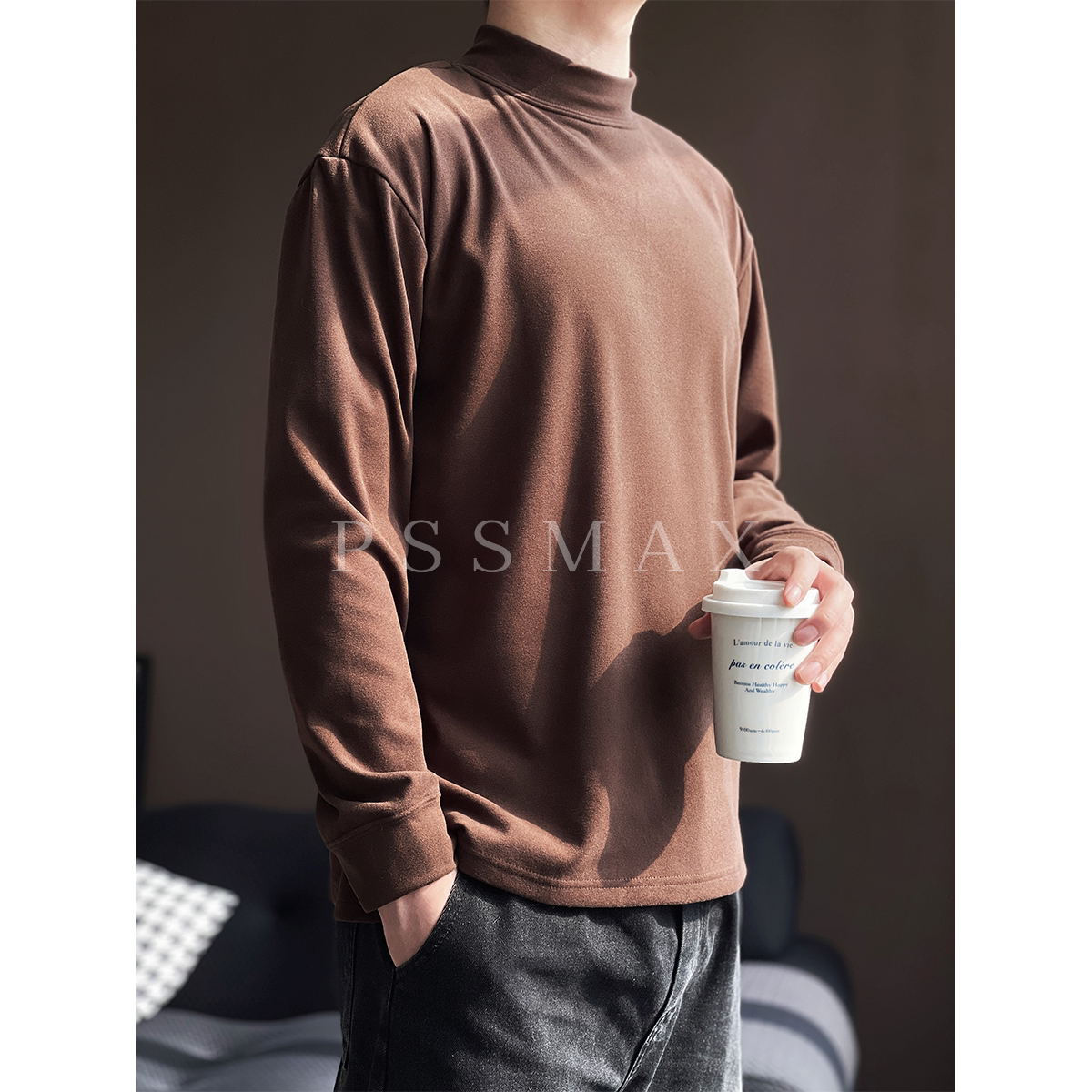 胖俗俗PSSMAX 秋季半高领打底衫男大码微胖绒面百搭宽松长袖上衣