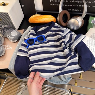 1-2到3-4至5-6-10周7岁新款长袖T恤男童条纹假两件打底衫百搭上衣