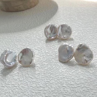 粉樱初绽-浮光拾贝天然不规则粉樱花瓣珍珠耳钉纯银浪漫设计师款