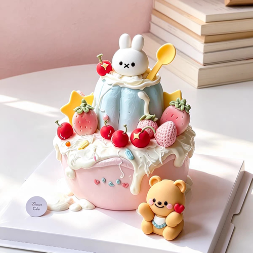卡通米菲兔蛋糕生日甜品草莓小樱桃插件装饰可爱举心围兜小熊摆件