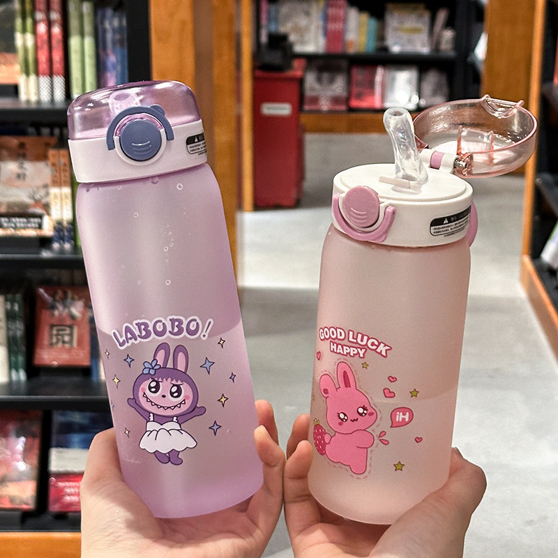 新款可爱磨砂塑料水杯学生上学高颜值杯子简约男女吸管杯便携外出